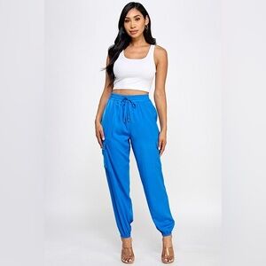 Women's Bright Blue Cargo Jogger Pants with Drawstring Waist